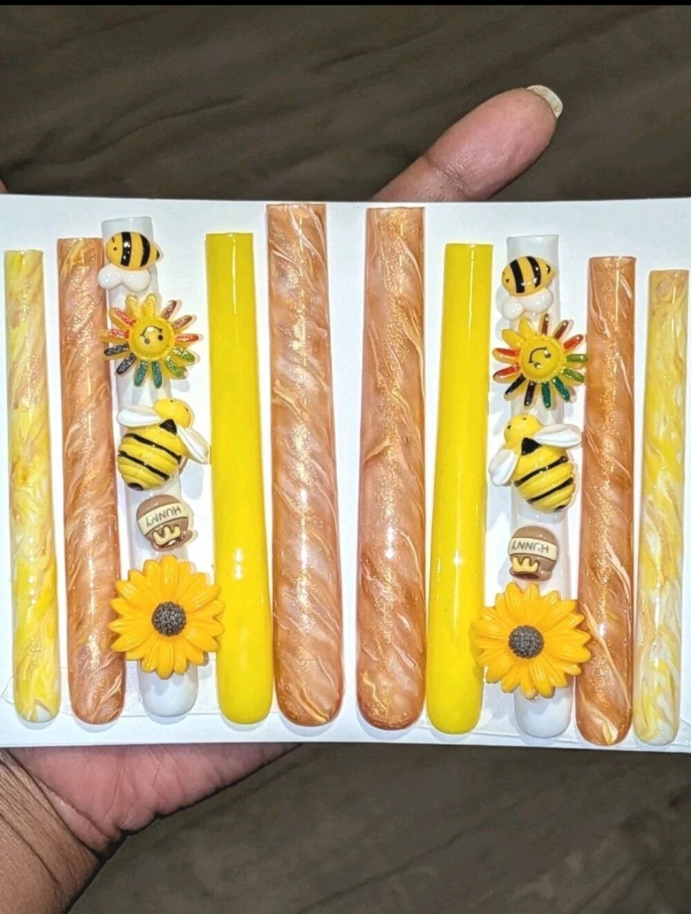 Hand Crafted 6XL Bee & Sunflower Press On Nails Cute Honey Bee Decorations Sz M